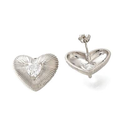 Rack Plating Heart Brass Clear Cubic Zirconia Stud Earrings