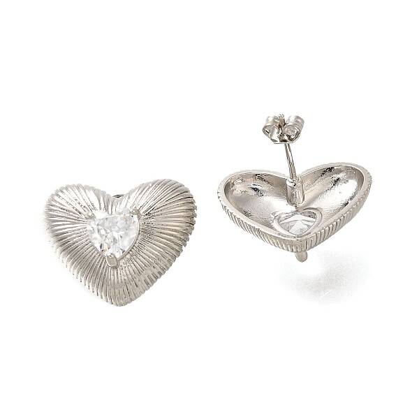 Rack Plating Heart Brass Clear Cubic Zirconia Stud Earrings