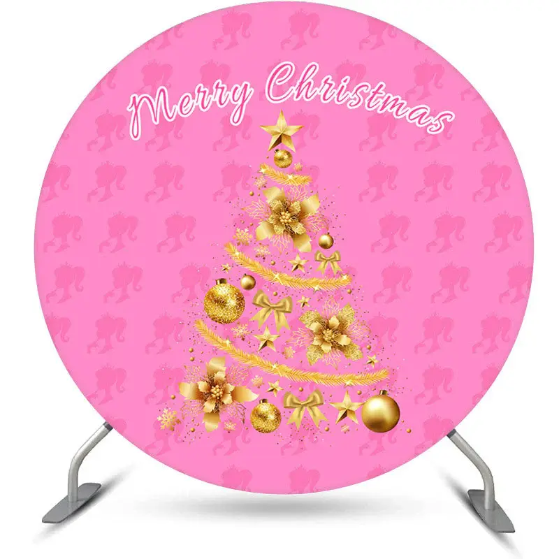 Pink Girl Golden Tree Circle Christmas Backdrop - Aperturee