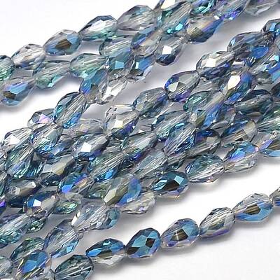 Faceted Teardrop Half Rainbow Plated Transparent Electroplate Glass Beads Strands