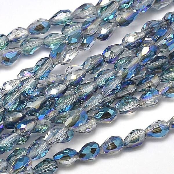 Faceted Teardrop Half Rainbow Plated Transparent Electroplate Glass Beads Strands