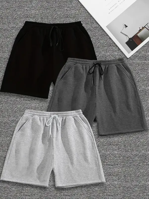 Men's Solid Drawstring Waist Shorts Set, Casual Comfy Straight Leg Shorts for Summer, Street Bottoms for Men