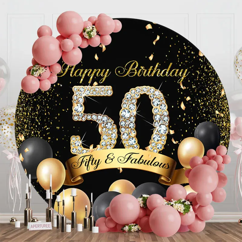Black Gold Balloons Round 50th Birthday Backdrop - Aperturee