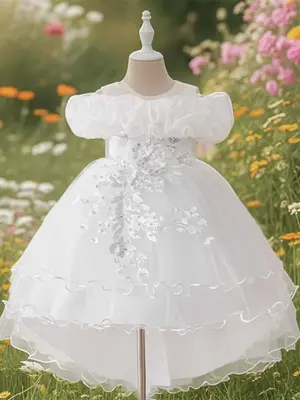 Girl's Floral Embroidery Sequin Decor Tulle Tutu Dress, Elegant Sleeveless Round Neck A Line Dress for Party Wedding Guest, K...