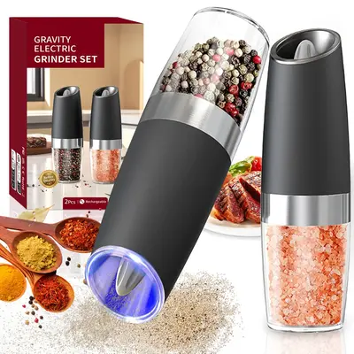 Electric salt and pepper grinder set, adjustable coarseness with LED light, 2-pack, one-handed kitchen grinder, large capacit...