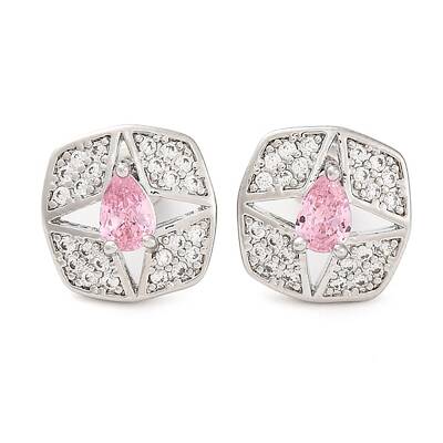 Brass Pave Cubic Zirconia Square Stud Earrings for Women