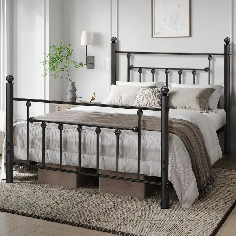 VECELO Modern Metal Bed Frame with Headboard and Footboard,Queen Twin Full Size,Industrial Victorian Style, Heavy Duty Steel ...