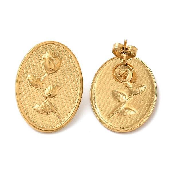 Ion Plating(IP) 304 Stainless Steel Oval with Flower Stud Earrings