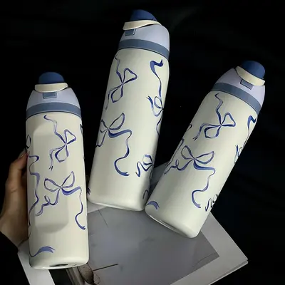 Butterfly Pattern Vacuum Flask, 1 Count 24oz-32oz-40oz Large Capacity Insulated Water Bottle with Straw, Drinking Cup for Hom...