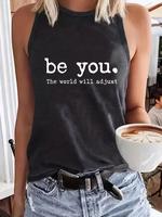 Women's Letter Print Round Neck Tank Top, Casual Sleeveless Crewneck Top for Daily Wear, Ladies Clothes for All Seasons, Goin...