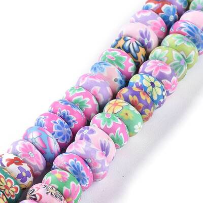 Handmade Flower Printed Polymer Clay Beads Strands
