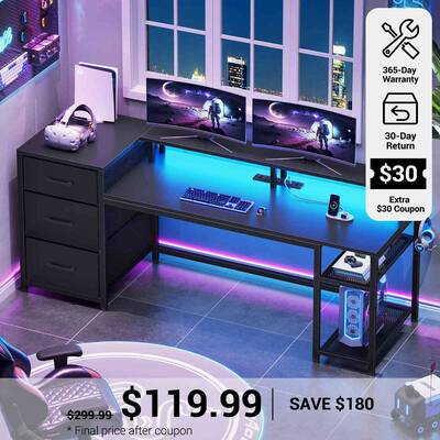 SEDETA | 59 Inch Office Desk with Drawers Gaming Desk with LED Lights and Storage White Home Office Furniture
