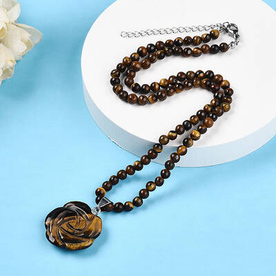 Natural Tiger Eye 4.5mm Round Beaded Flower Pendant Necklaces