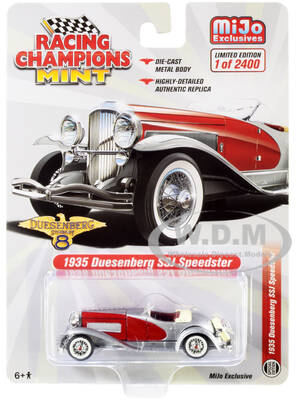 1935 Duesenberg SSJ Speedster Silver Metallic and Red Limited Edition to 2400 pieces Worldwide 1/64 Diecast Model Car by Raci...