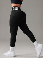 Women's Solid Color Letter Pattern  High Waist Sports Leggings, High Stretch Comfortable Breathable Tummy Control Butt Liftin...