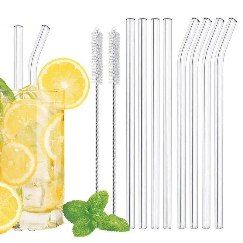 Clear Glass Straw Set, Including 4 Counts Straight Straw & 4 Counts Curved Straw & 2 Counts Cleaning Brush, Reusable Drinki...