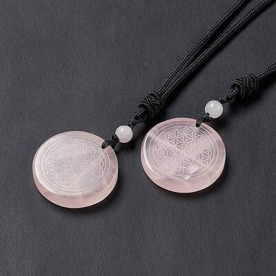 Natural Rose Quartz Flat Round with Flower of Life Pendant Necklace with Nylon Cord for Women