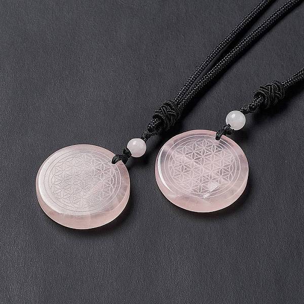 Natural Rose Quartz Flat Round with Flower of Life Pendant Necklace with Nylon Cord for Women
