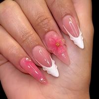 Flower & Faux Pearl Decor Fake Nails, 24pcs Long Almond False Nails for Women & Girls DIY Nail Art, Effortless Press on Nails...