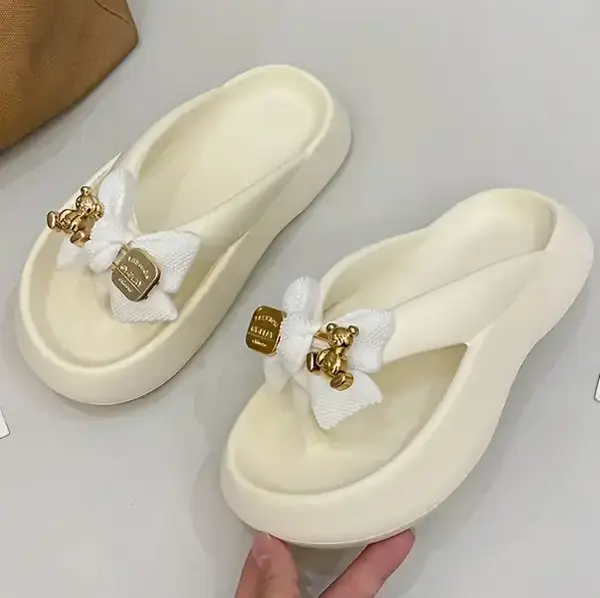 Women's Summer Casual Flip Flops with Cute Cartoon Bear Bow Design, Thick Sole Non-Slip Soft Cloud Slides, Perfect for Beach,...