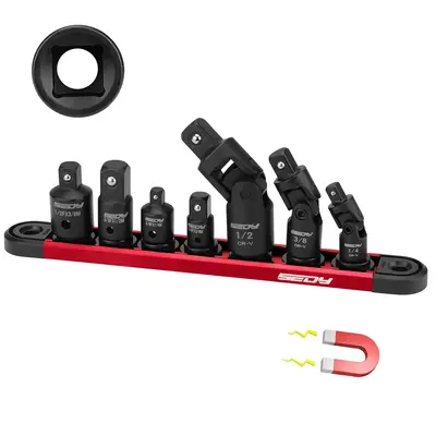 Universal Joint Socket Reducer Set: 7-Piece Impact Wobble U Joint & Adapter Set with Magnetic Aluminum Storage Rail Premium C...