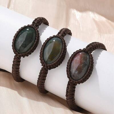 Adjustable Oval Natural Indian Agate Braided Bead Bracelets