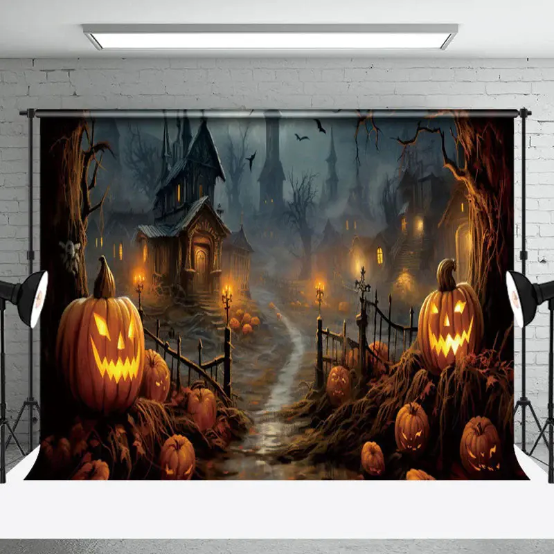 Aperturee Spooky Halloween Lane Carved Pumpkin Bat Backdrop - Aperturee