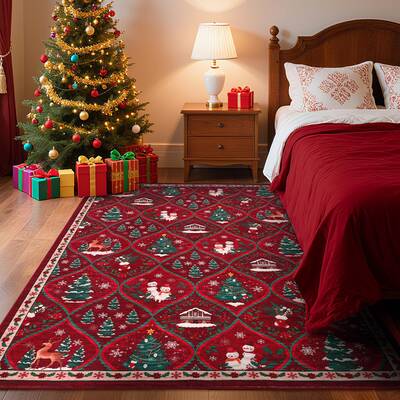 Garvee Christmas Washable Rug 4x6 Red Boho Trellis Non-Slip Low Pile Polyester Soft Durable Living Room Bedroom Kitchen