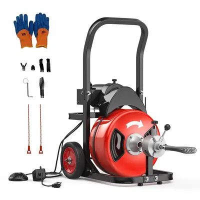 Garvee Electric Drain Cleaning Machine - 50FT x 1/2 Sewer Snake Auger with 6 Cutters, Air-Activated Foot Switch, Portable De...
