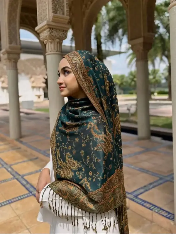 Elegant Women's Hijab Scarf, Winter Warm Long Shawl, Stylish Printed Design, Versatile Muslim Headscarf Accessory