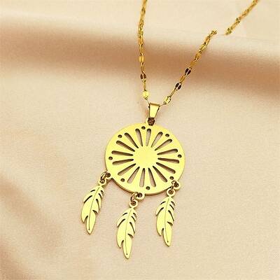 Woven Net/Web with Feather 304 Stainless Steel Boho Pendant Necklaces for Women
