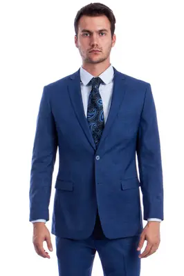 Modern Fit Men's Summer Suit - Two Button Linen Look, Medium Blue