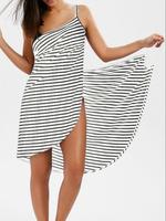 Women's Striped Print Wrap Cami Dress, Casual Asymmetrical Hem Sleeveless Backless Short Dress for Beach Holiday Vacation, La...