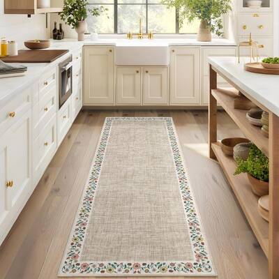 Garvee Bordered Light Flax 2x6 Entryway Rug Floral Bordered Runner, Non-Slip TPR Backing, Machine Washable, Low-Pile Soft Pol...
