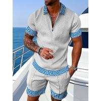 2pcs Set, New European & American Men's Fashion Geometric Pattern V-Tie Shirt Shorts Set, Men's Breathable and Comfortable, S...