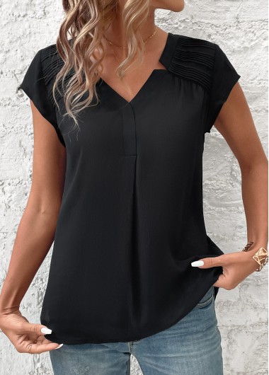 Modlily Black Patchwork Short Sleeve V Neck Blouse - XL
