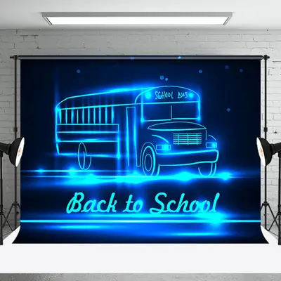 Cool Black Blue Neon Bus Back To School Backdrop