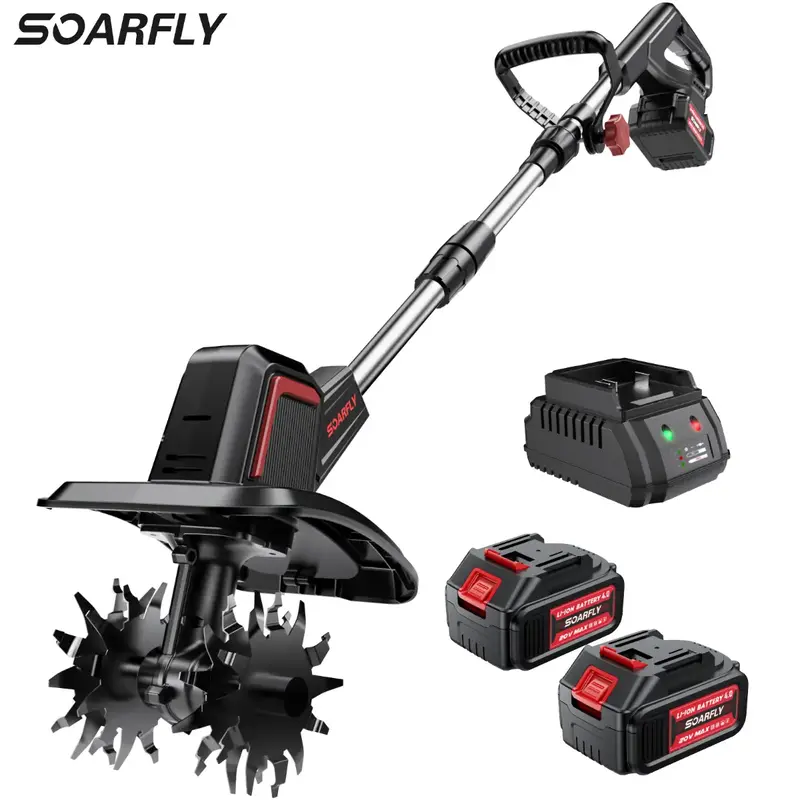 SOARFLY 20V Cordless Tiller Cultivator, 360 RPM, With 2×4.0AH Batteries & Charger, 9 inch Width, 6.6 inch Depth, 48 Steel Ti...