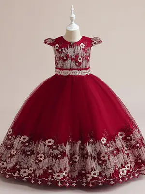 Toddler Girl'sĀ Floral Embroidery Dress, Elegant Cap Sleeve Round Neck Dress for Party Wedding Guest, Kids Clothes for All Se...