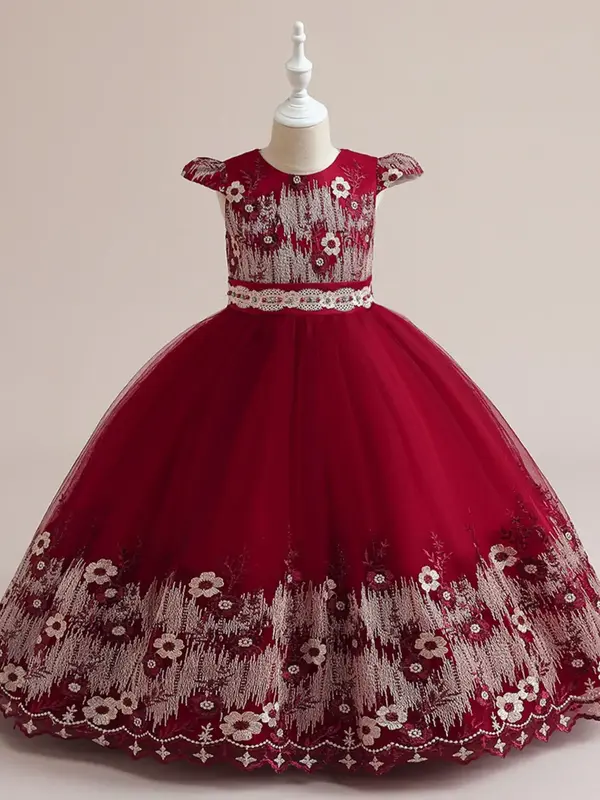 Toddler Girl's Floral Embroidery Dress, Elegant Cap Sleeve Round Neck Dress for Party Wedding Guest, Kids Clothes for All Se...