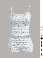 Two-piece Set Women's Ditsy Floral / Bear Print Crop Spaghetti Strap Cami Top & Shorts, Cute Casual Sleeveless Top & Shorts f...