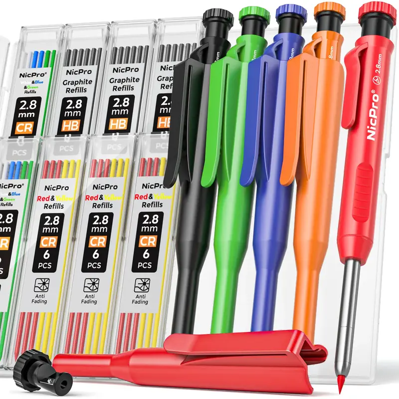 Nicpro 5 Pack Carpenter Pencil with Sharpener & Holders, Mechanical Carpenter Pencils Set with 53 Refills, Deep Hole Marker W...