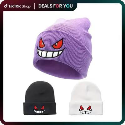 y2k Beanie Anime Devil Embroidered Beanies Solid Color Trendy Knit Hats Party Hats Soft Stretchy Skull Cap Warm Ski Hat Unise...