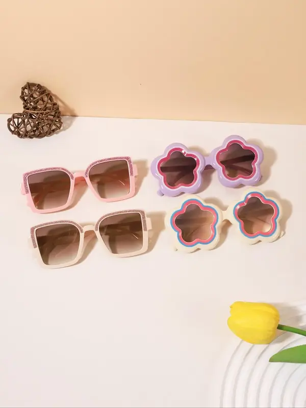 Kids' Cute Flower & Square Design Sunglasses, Trendy Casual Full Rim Sunglasses for Boys & Girls for Outdoor Activities and H...