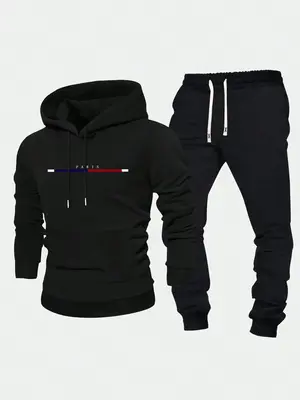 Men's Letter Print Zip Up Hoodie & Drawstring Waist Sweatpants Two-piece Set, Regular Fit Casual Long Sleeve Hooded Sweatshir...