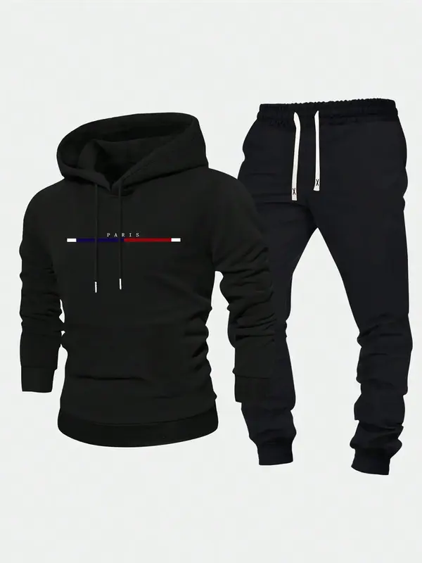 Men's Letter Print Zip Up Hoodie & Drawstring Waist Sweatpants Two-piece Set, Regular Fit Casual Long Sleeve Hooded Sweatshir...
