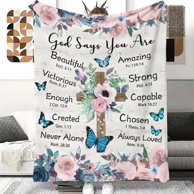 Bible Cross & Letter & Floral Pattern Blanket, 1 Count Soft Encouraging Words Throw Blanket, All Season Blanket, Breathable C...