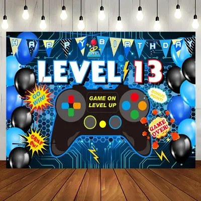 Level 13 Game On Gamepad Balloon Birthday Backdrop - Aperturee