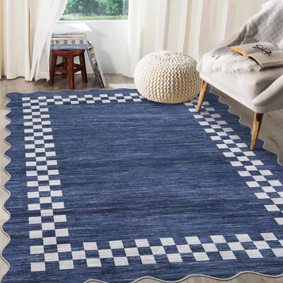 Garvee Bordered Dark Blue 9x12 Scalloped Washable Area Rug Modern Border, Stain Resistant, Ultra-Soft Polyester, Non-Slip Bac...