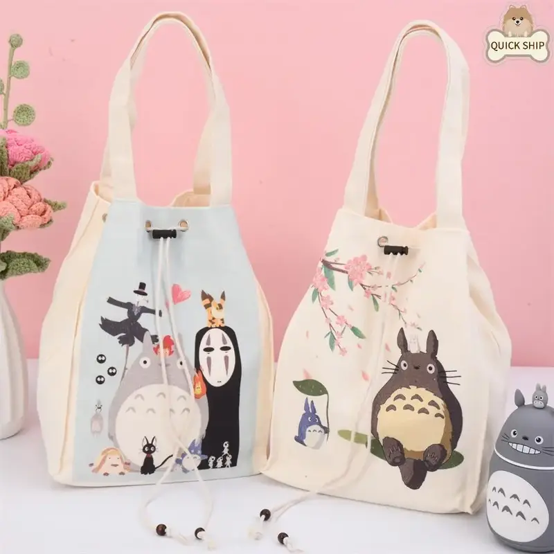 Totoro/Faceless Man Drawstring Lunch Bag for Back to School, Japanese Handmade Canvas Work Lunch Tote,Birthday/Summer/Beach G...